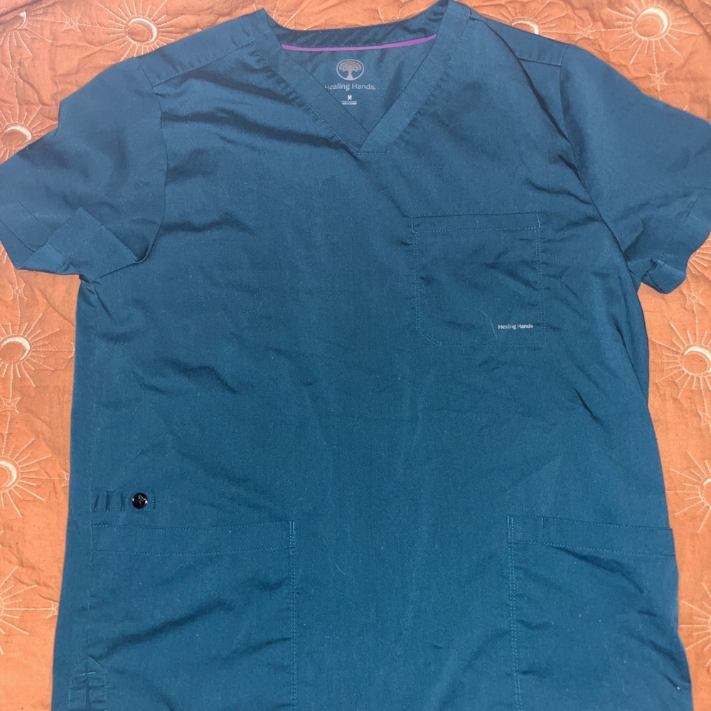 TWO (2) Purple Label Healing Hands Scrub Tops SMALL and MEDIUM Caribbean Blue